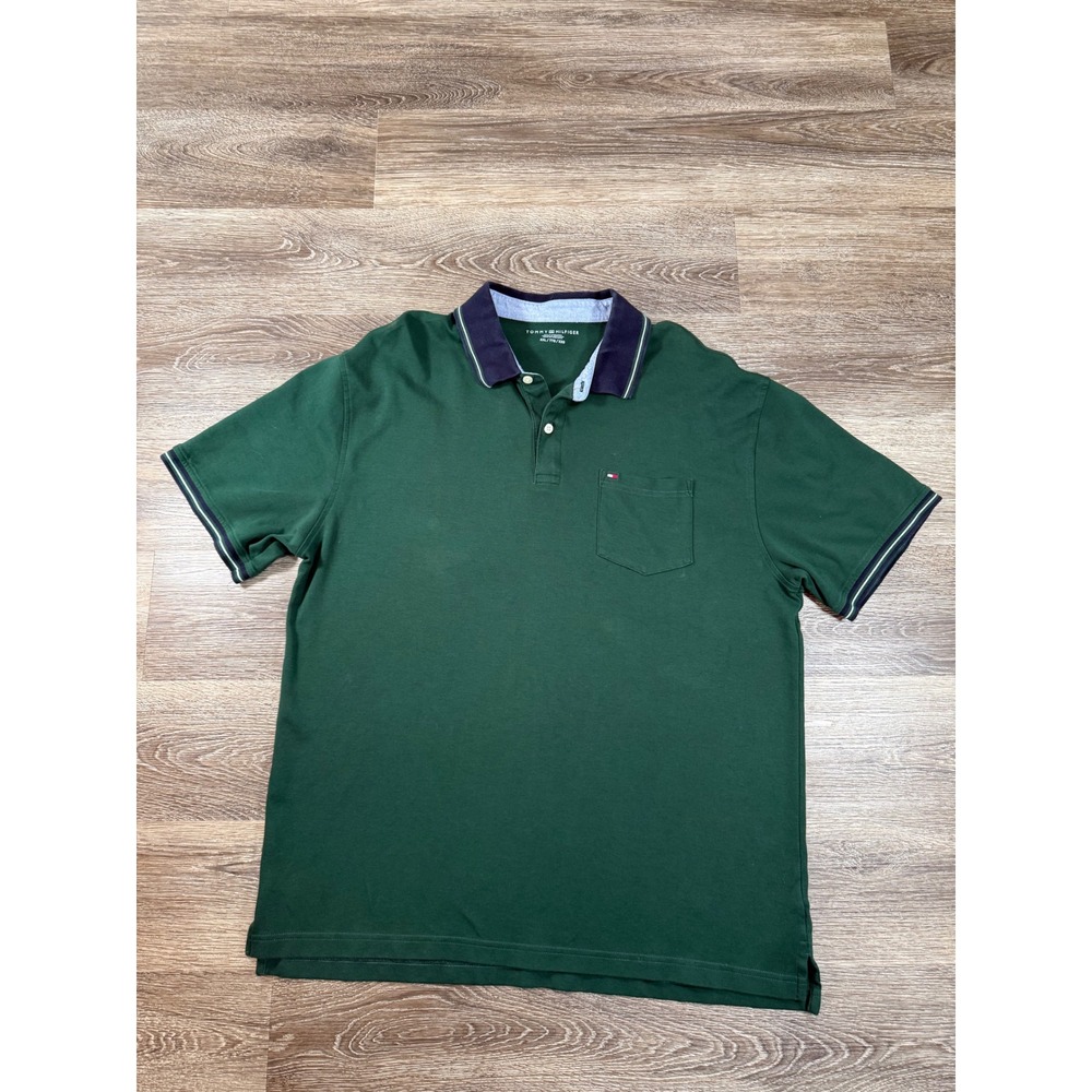 Tommy Hilfiger Polo Shirt Mens XXL Green Short Sleeve with Pocket Navy Collar